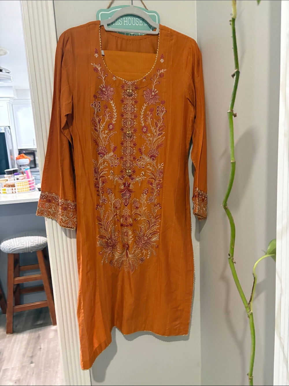 Embroidered Orange Women's Kurta Dress with straight pant